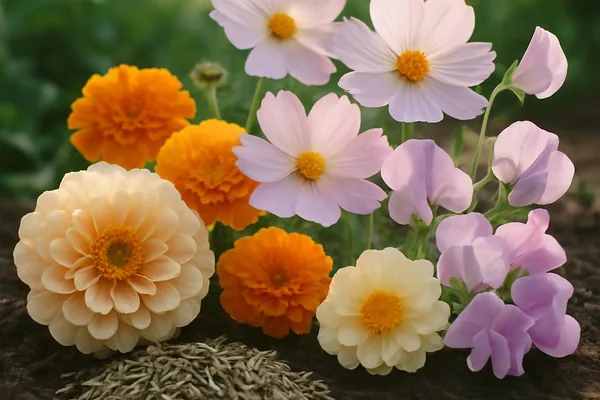 Mixed annual garden flowers including zinnias and cosmos